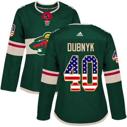 Adidas Wild #40 Devan Dubnyk Green Home Authentic USA Flag Women's Stitched NHL Jersey - Click Image to Close